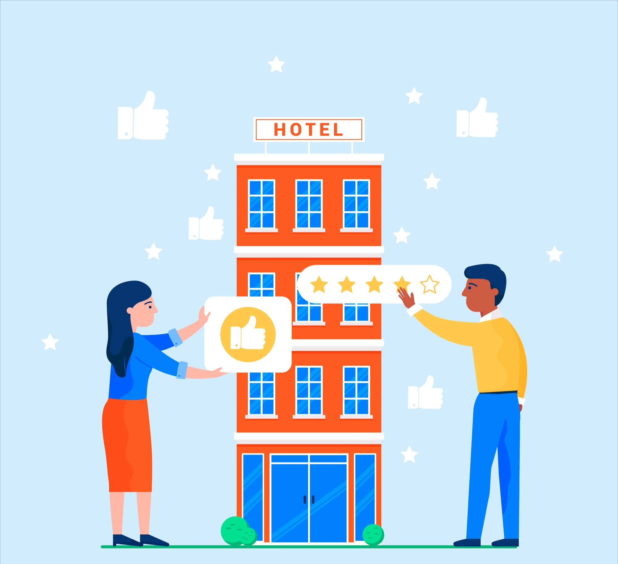 Two individuals pose in front of a hotel, promoting social media marketing for the hospitality industry.